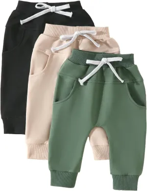 Baby Boys Girls 3 Pack Sweatpants Toddler Solid Elastic Waist Bottom Joggers Pants Unisex Newborn Infant Trousers