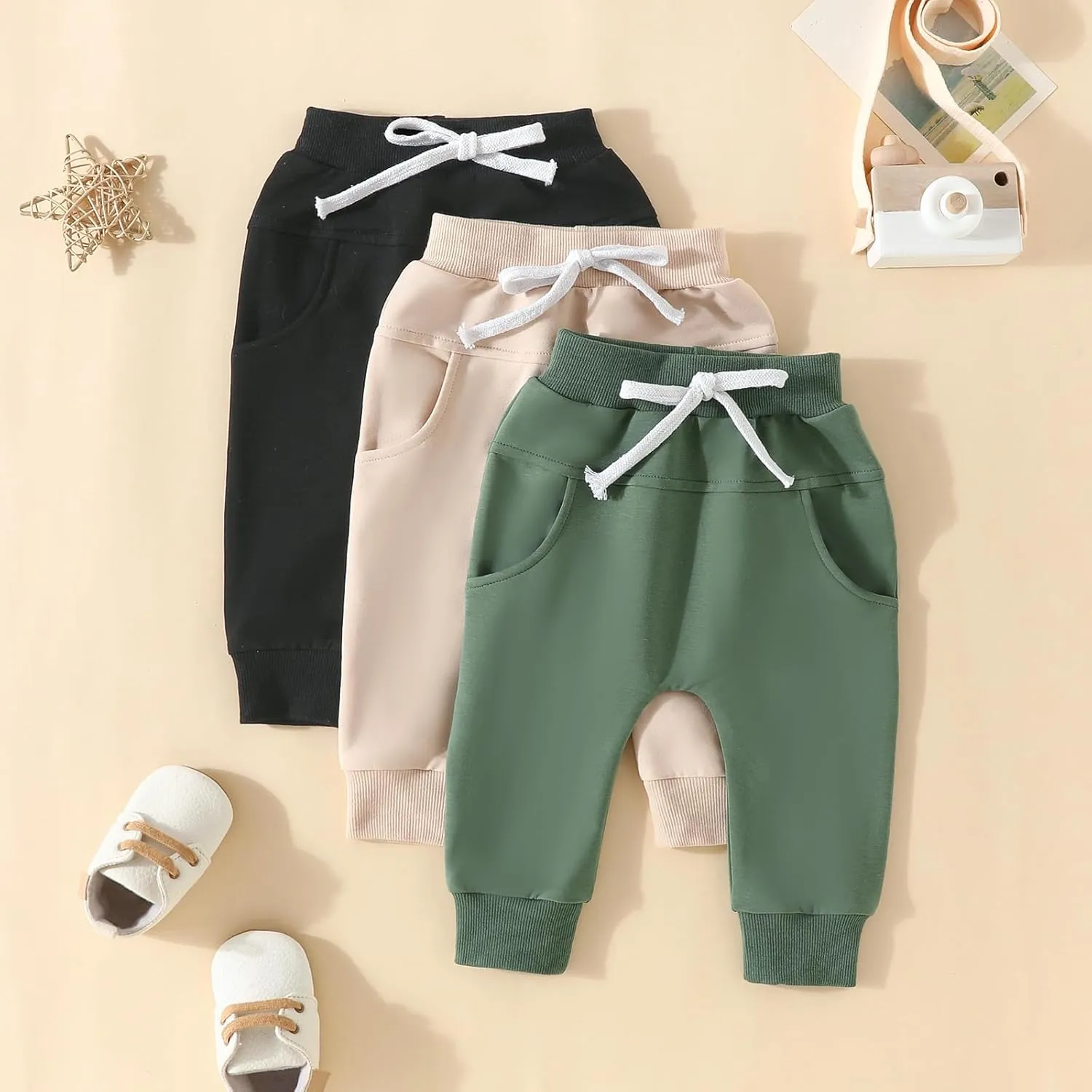 Baby Boys Girls 3 Pack Sweatpants Toddler Solid Elastic Waist Bottom Joggers Pants Unisex Newborn Infant Trousers