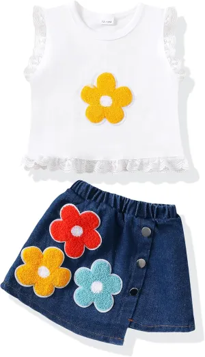 Baby Girl Clothes Toddler Girl Outfits Summer Kids Sleeveless Lace Tank Top Little Girls Denim Skort Skirt Shorts Sets