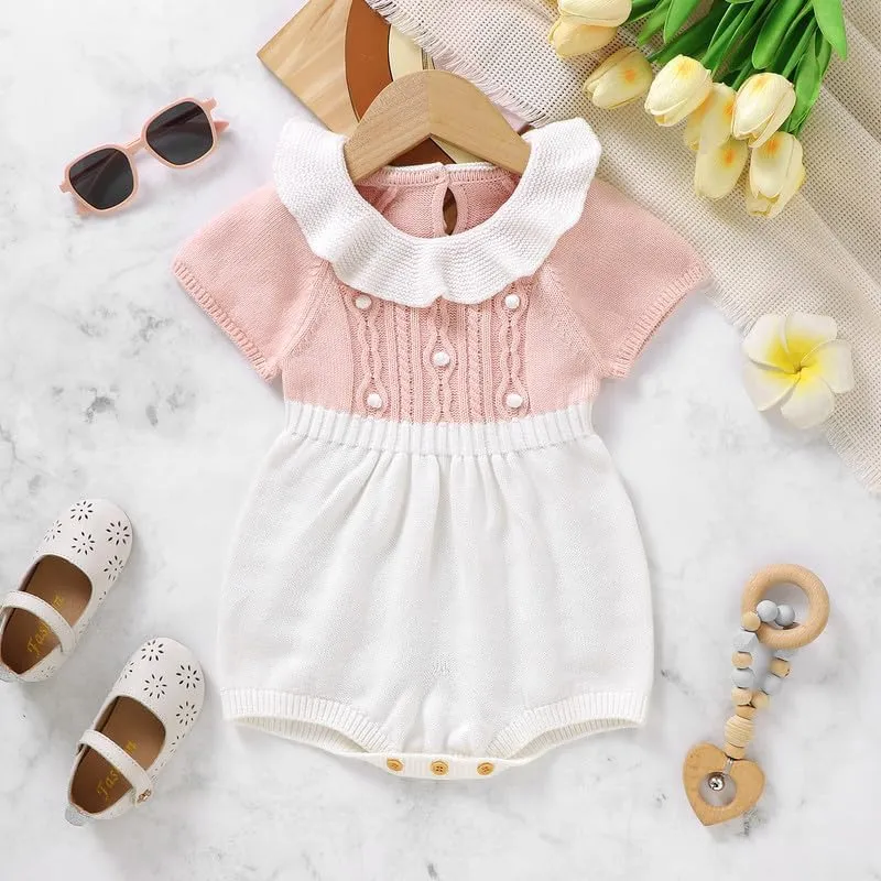 Baby Girl Romper Ruffle Neck Short Sleeve Pompoms Knit Rompers Newborn Infant Jumpsuit Summer Outfits Clothes