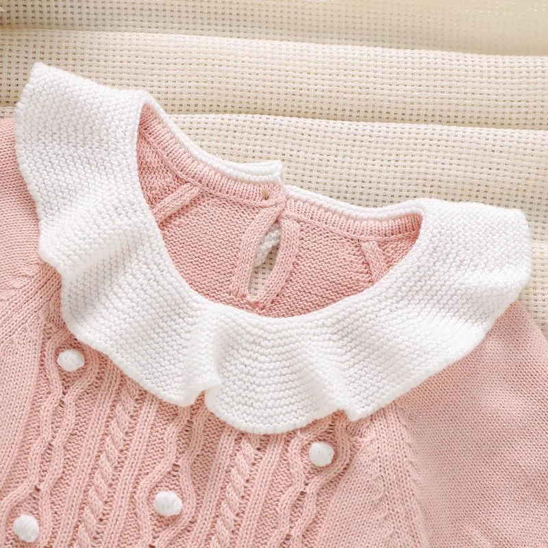 Baby Girl Romper Ruffle Neck Short Sleeve Pompoms Knit Rompers Newborn Infant Jumpsuit Summer Outfits Clothes