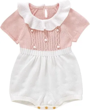 Baby Girl Romper Ruffle Neck Short Sleeve Pompoms Knit Rompers Newborn Infant Jumpsuit Summer Outfits Clothes