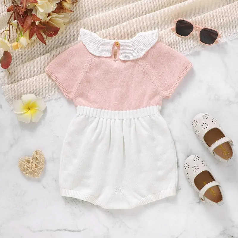 Baby Girl Romper Ruffle Neck Short Sleeve Pompoms Knit Rompers Newborn Infant Jumpsuit Summer Outfits Clothes