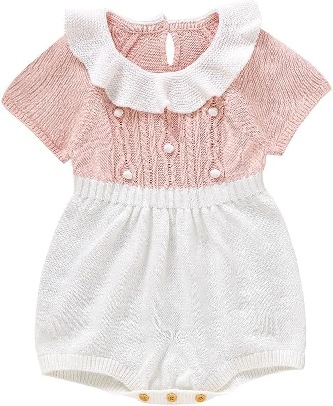 Baby Girl Romper Ruffle Neck Short Sleeve Pompoms Knit Rompers Newborn Infant Jumpsuit Summer Outfits Clothes
