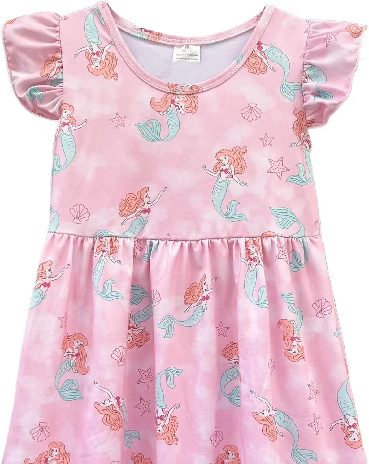 Baby Girls Flutter Sleeve Princess Cartoon Printed Dress Toddlers Spring Summer Mermaid Printed Dress 1-8Y