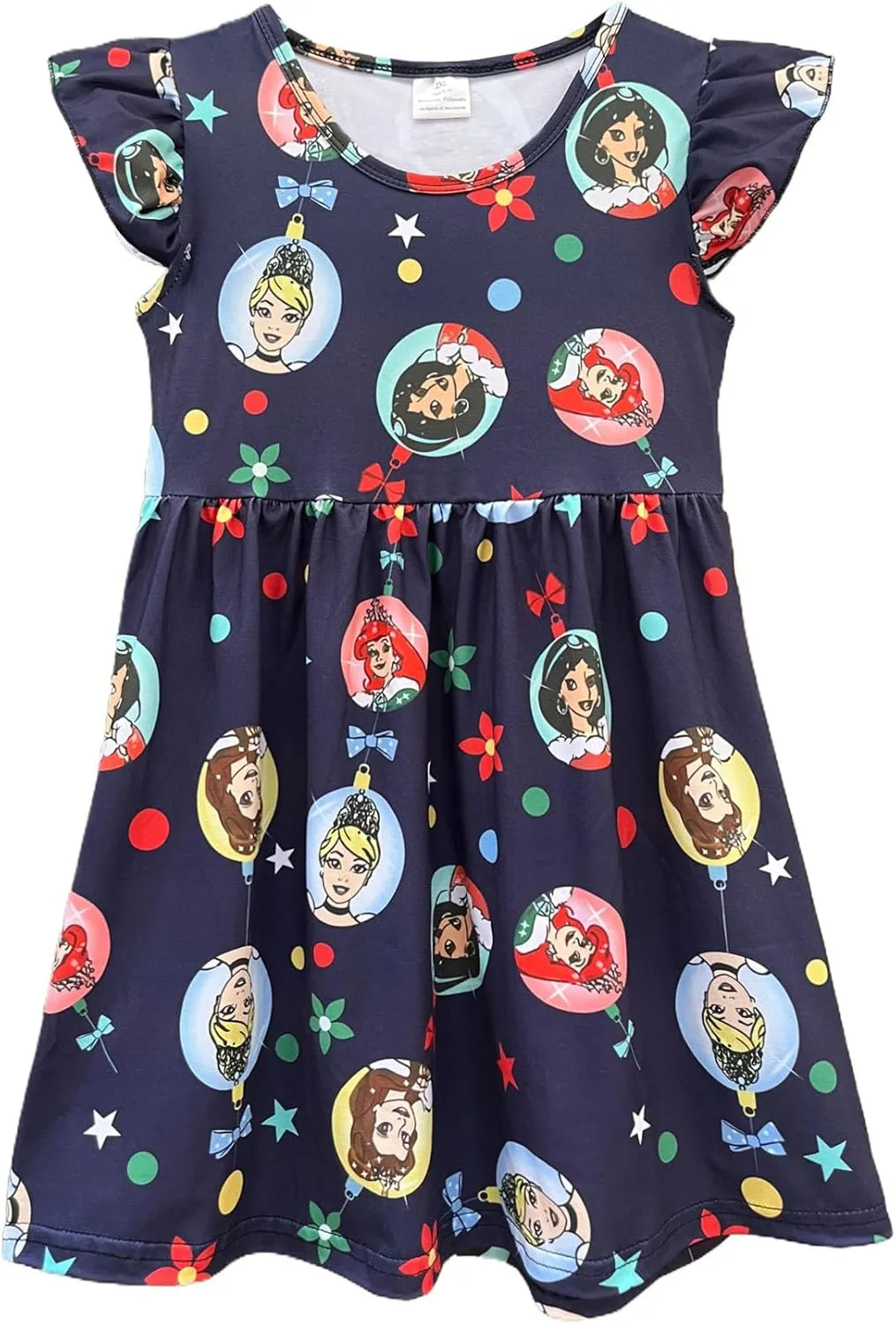 Baby Girls Flutter Sleeve Princess Cartoon Printed Dress Toddlers Spring Summer Mermaid Printed Dress 1-8Y