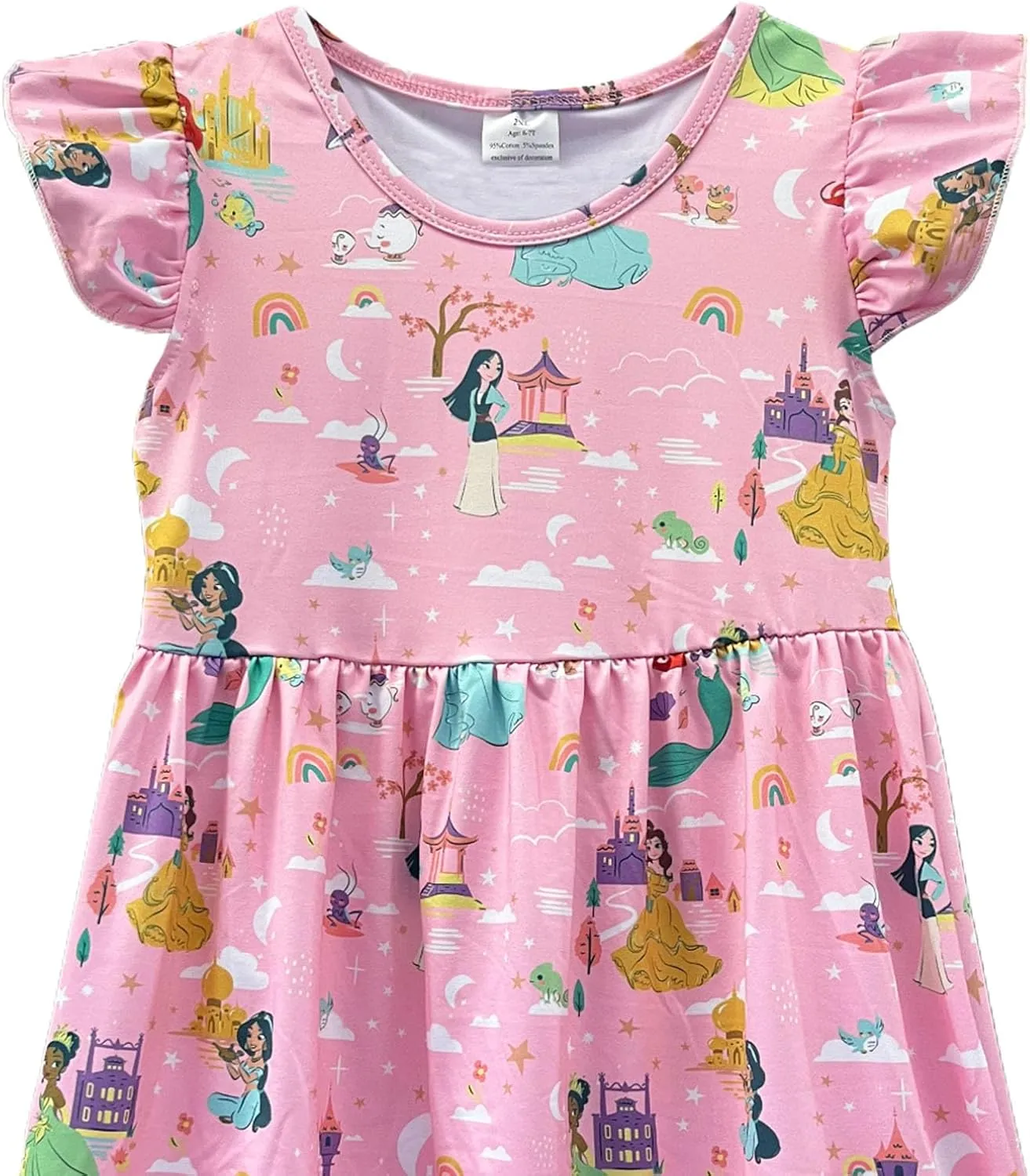 Baby Girls Flutter Sleeve Princess Cartoon Printed Dress Toddlers Spring Summer Mermaid Printed Dress 1-8Y