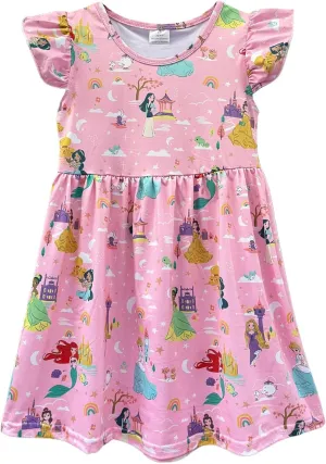 Baby Girls Flutter Sleeve Princess Cartoon Printed Dress Toddlers Spring Summer Mermaid Printed Dress 1-8Y