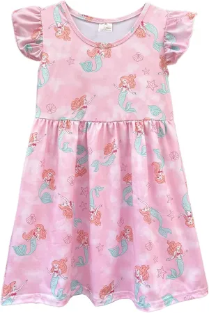 Baby Girls Flutter Sleeve Princess Cartoon Printed Dress Toddlers Spring Summer Mermaid Printed Dress 1-8Y