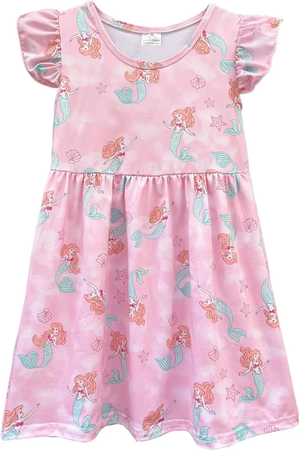 Baby Girls Flutter Sleeve Princess Cartoon Printed Dress Toddlers Spring Summer Mermaid Printed Dress 1-8Y
