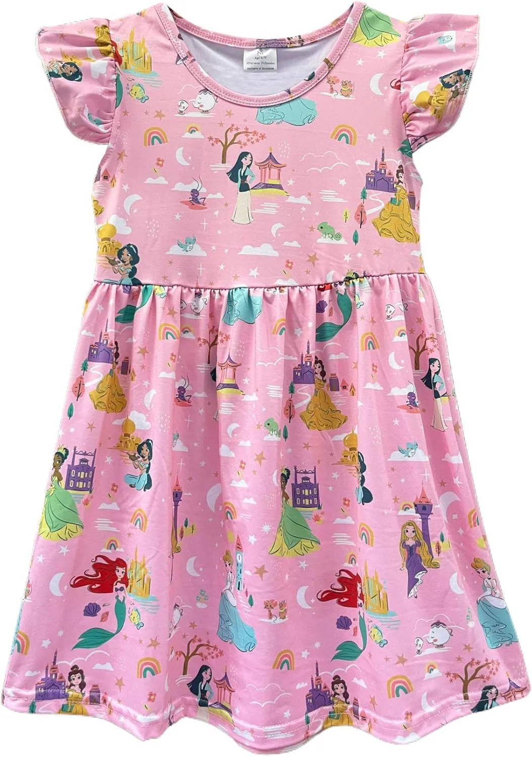 Baby Girls Flutter Sleeve Princess Cartoon Printed Dress Toddlers Spring Summer Mermaid Printed Dress 1-8Y