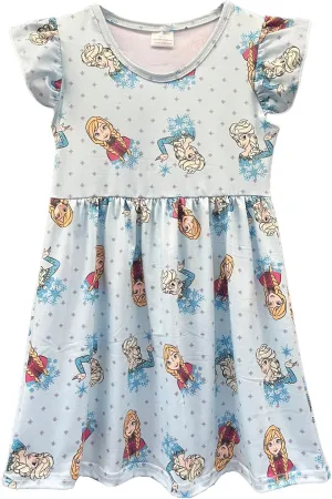 Baby Girls Flutter Sleeve Princess Cartoon Printed Dress Toddlers Spring Summer Mermaid Printed Dress 1-8Y