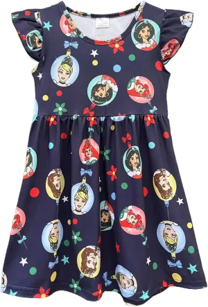 Baby Girls Flutter Sleeve Princess Cartoon Printed Dress Toddlers Spring Summer Mermaid Printed Dress 1-8Y