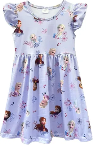 Baby Girls Flutter Sleeve Princess Cartoon Printed Dress Toddlers Spring Summer Mermaid Printed Dress 1-8Y