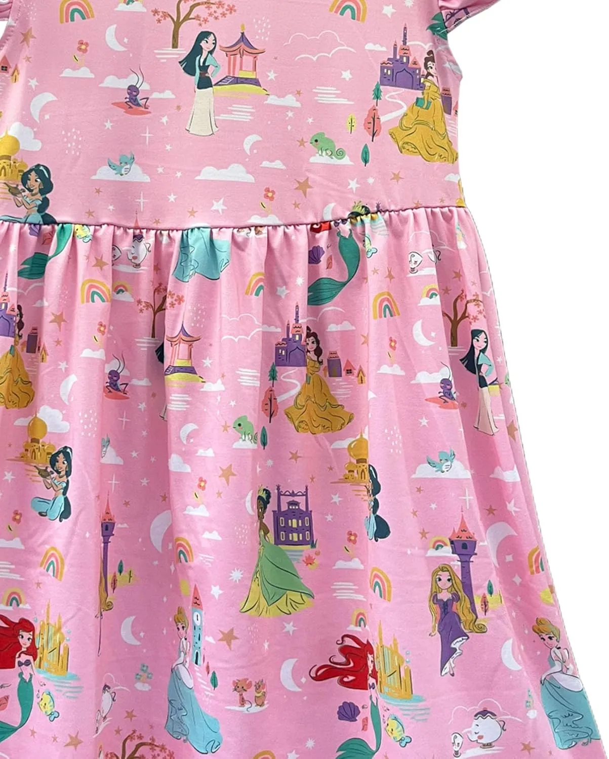 Baby Girls Flutter Sleeve Princess Cartoon Printed Dress Toddlers Spring Summer Mermaid Printed Dress 1-8Y
