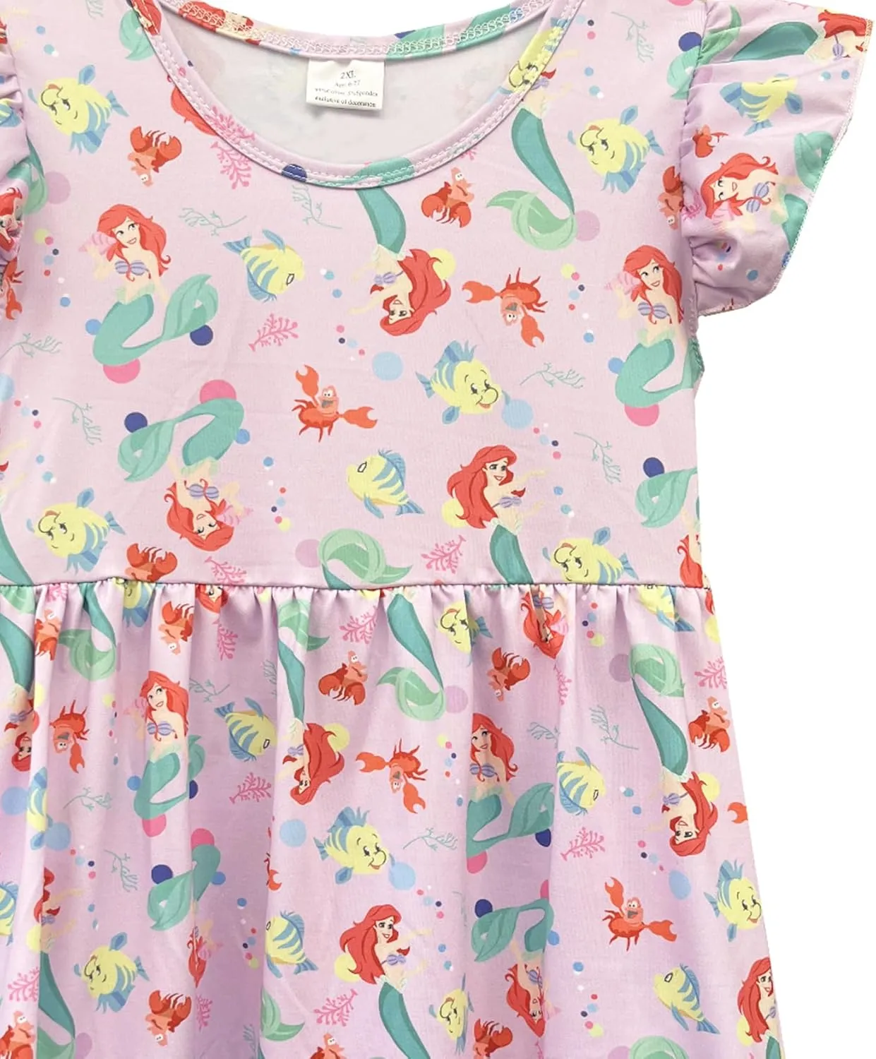 Baby Girls Flutter Sleeve Princess Cartoon Printed Dress Toddlers Spring Summer Mermaid Printed Dress 1-8Y