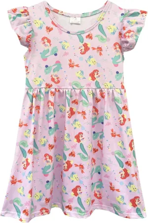 Baby Girls Flutter Sleeve Princess Cartoon Printed Dress Toddlers Spring Summer Mermaid Printed Dress 1-8Y