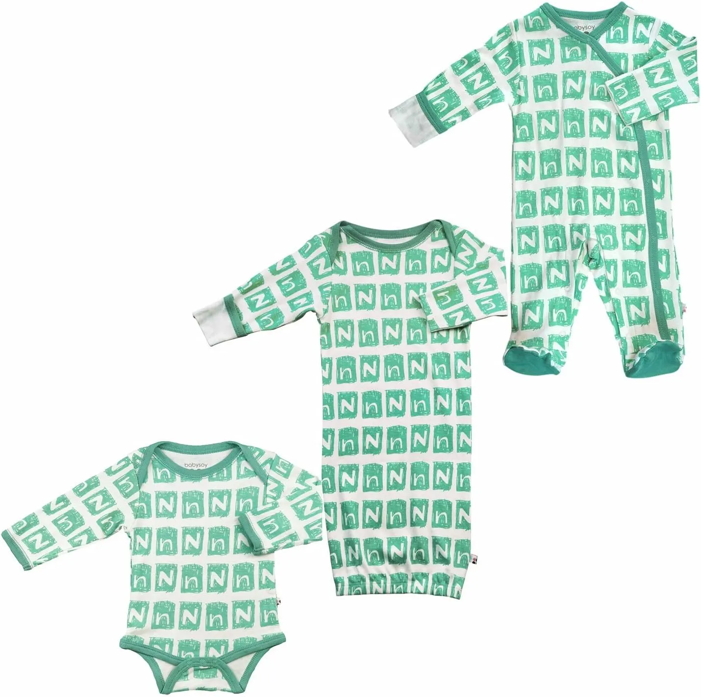Babysoy Alphabet Pattern Footie/Gown/Onesie/Bodysuit Set