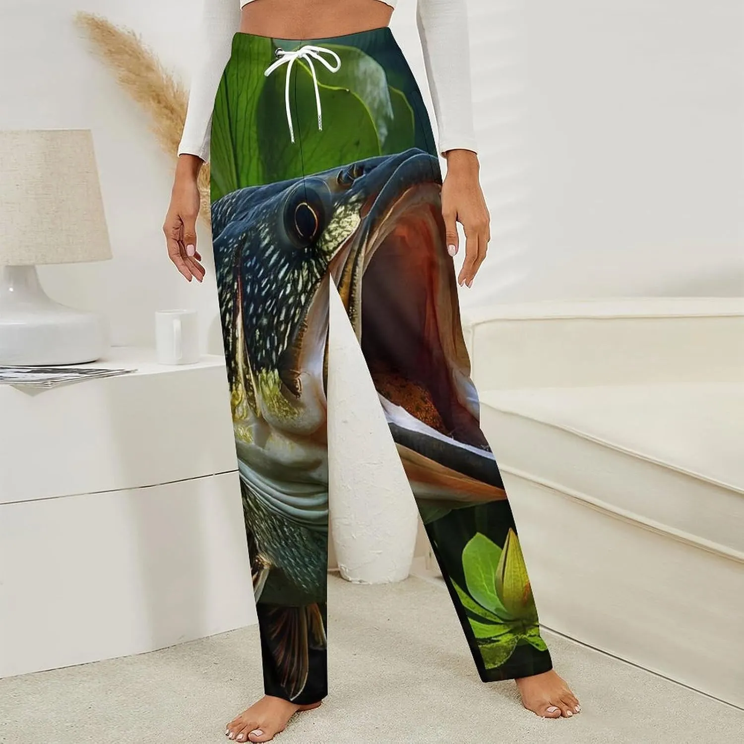 Bass Fish Print Women's Pajama Pants Fleece Warm Pj Bottoms Sleepwear Lounge Pants Loungewear