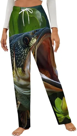 Bass Fish Print Women's Pajama Pants Fleece Warm Pj Bottoms Sleepwear Lounge Pants Loungewear