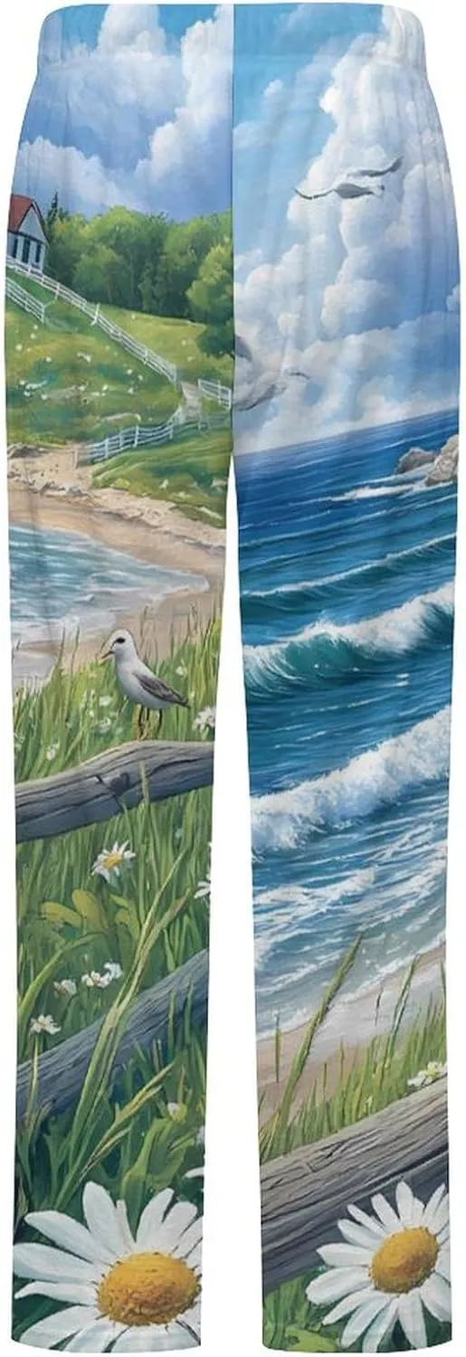 Beach Seascape Lighthouse Women's Pajama Pants Fleece Warm Pj Bottoms Sleepwear Lounge Pants Loungewear