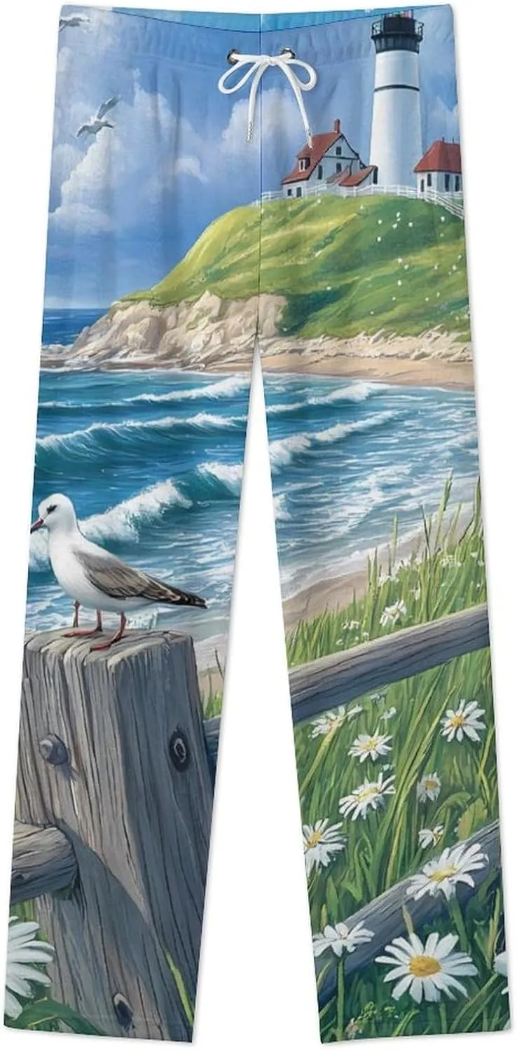 Beach Seascape Lighthouse Women's Pajama Pants Fleece Warm Pj Bottoms Sleepwear Lounge Pants Loungewear