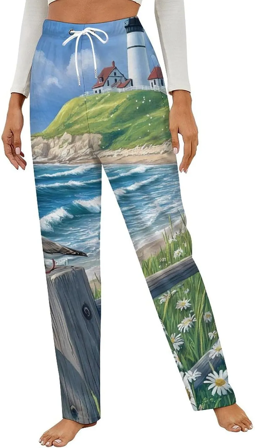Beach Seascape Lighthouse Women's Pajama Pants Fleece Warm Pj Bottoms Sleepwear Lounge Pants Loungewear