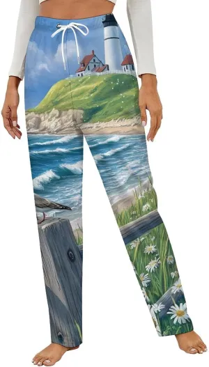 Beach Seascape Lighthouse Women's Pajama Pants Fleece Warm Pj Bottoms Sleepwear Lounge Pants Loungewear