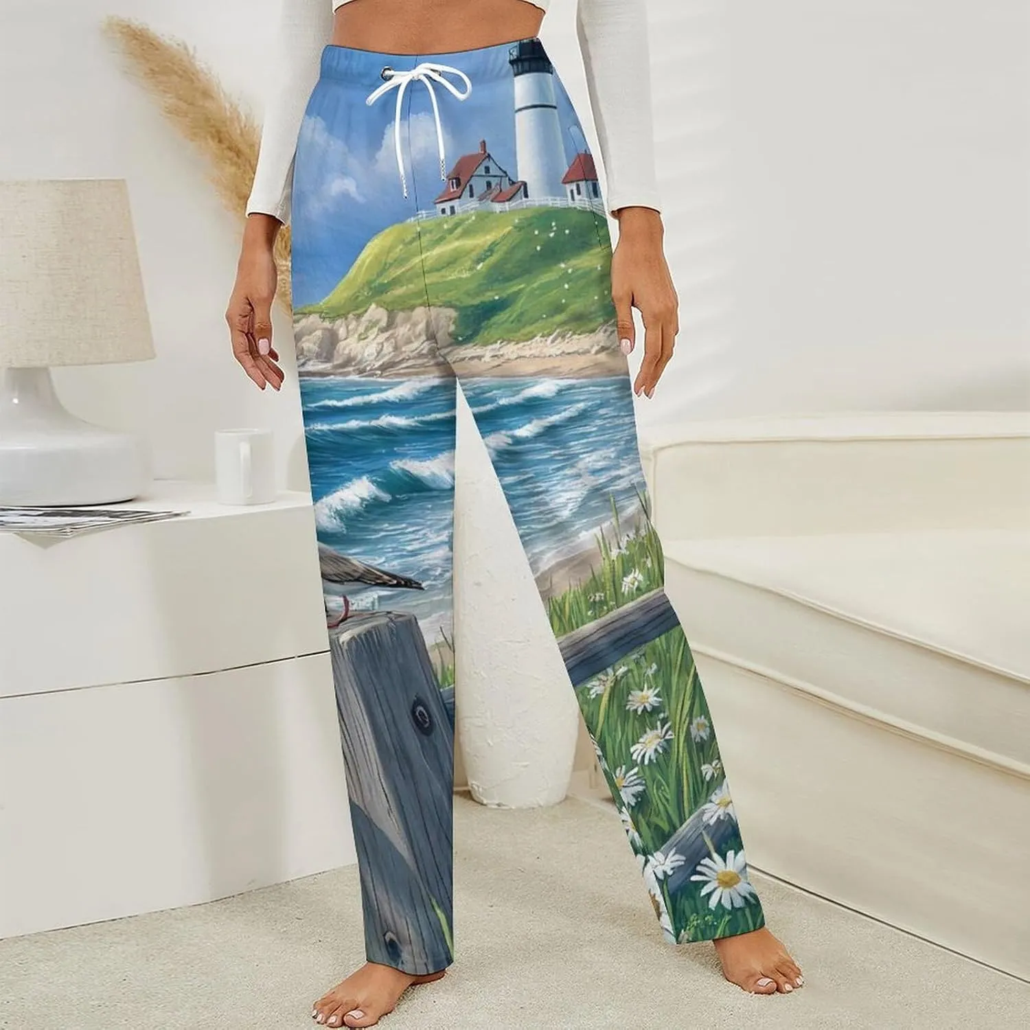 Beach Seascape Lighthouse Women's Pajama Pants Fleece Warm Pj Bottoms Sleepwear Lounge Pants Loungewear