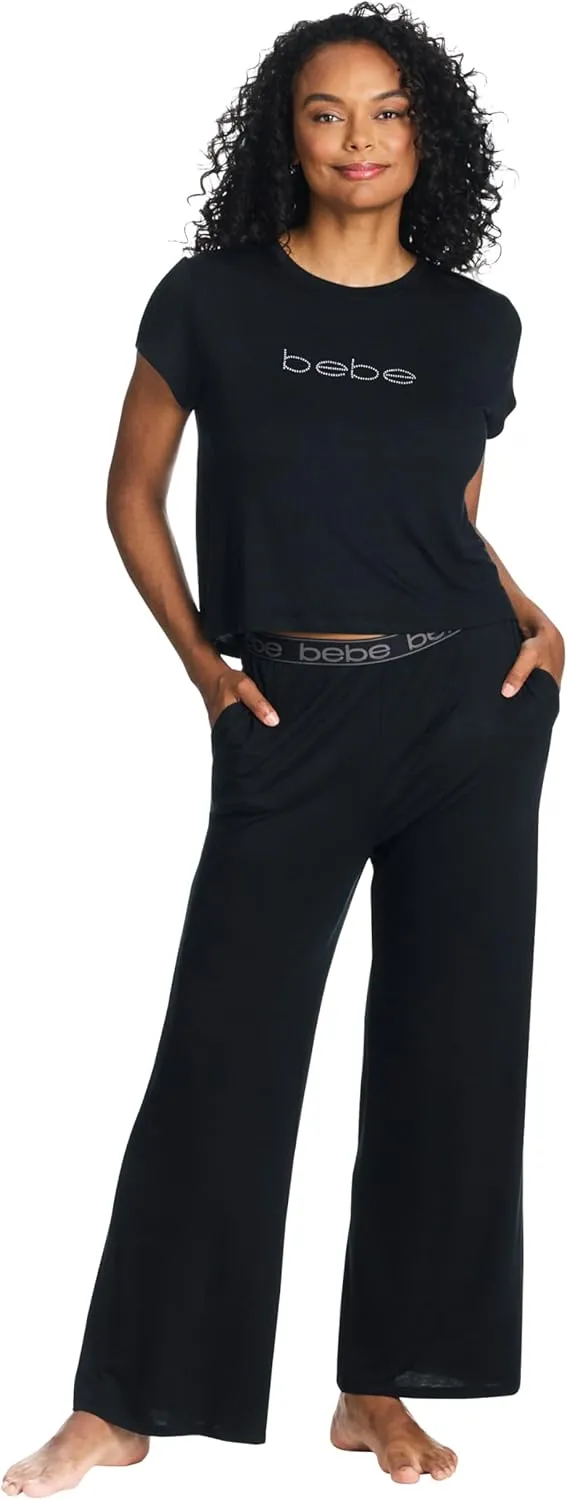 bebe Womens Short Sleeve Shirt and Lounge Skinny Pajama Pants with Pockets Sleepwear Set