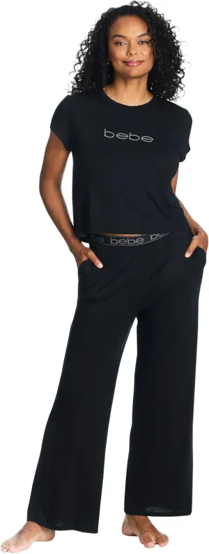 bebe Womens Short Sleeve Shirt and Lounge Skinny Pajama Pants with Pockets Sleepwear Set