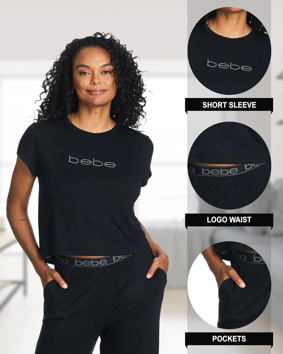 bebe Womens Short Sleeve Shirt and Lounge Skinny Pajama Pants with Pockets Sleepwear Set
