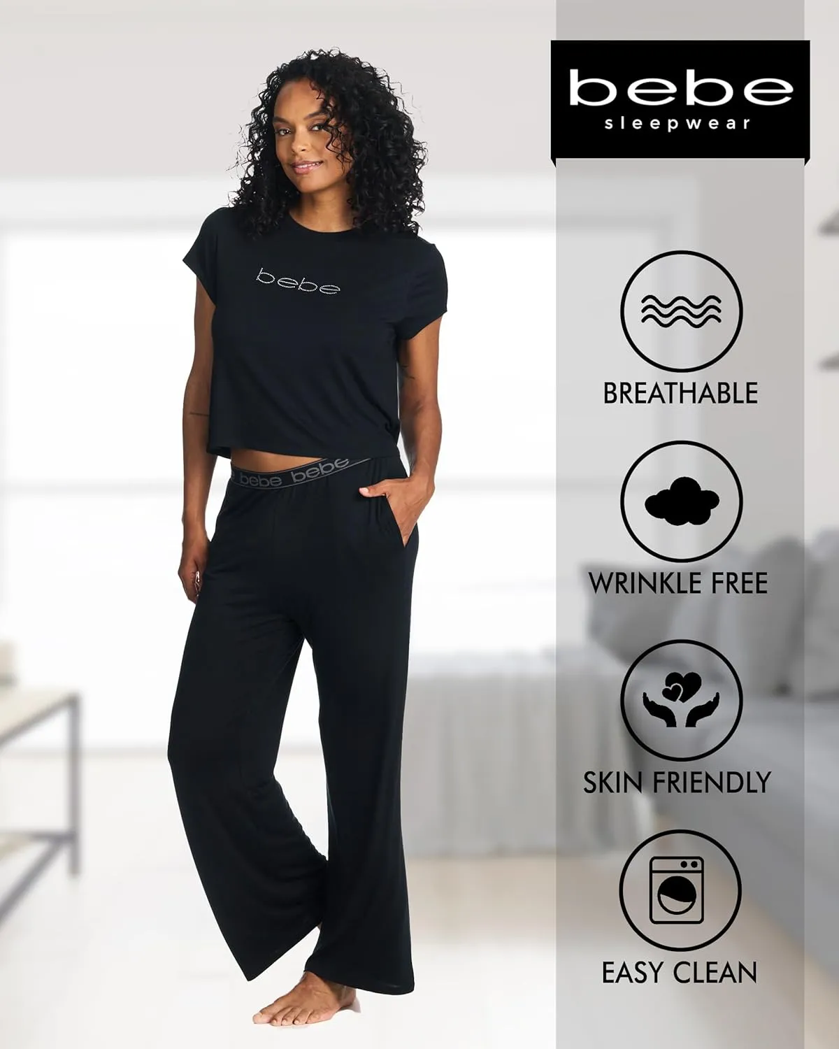 bebe Womens Short Sleeve Shirt and Lounge Skinny Pajama Pants with Pockets Sleepwear Set