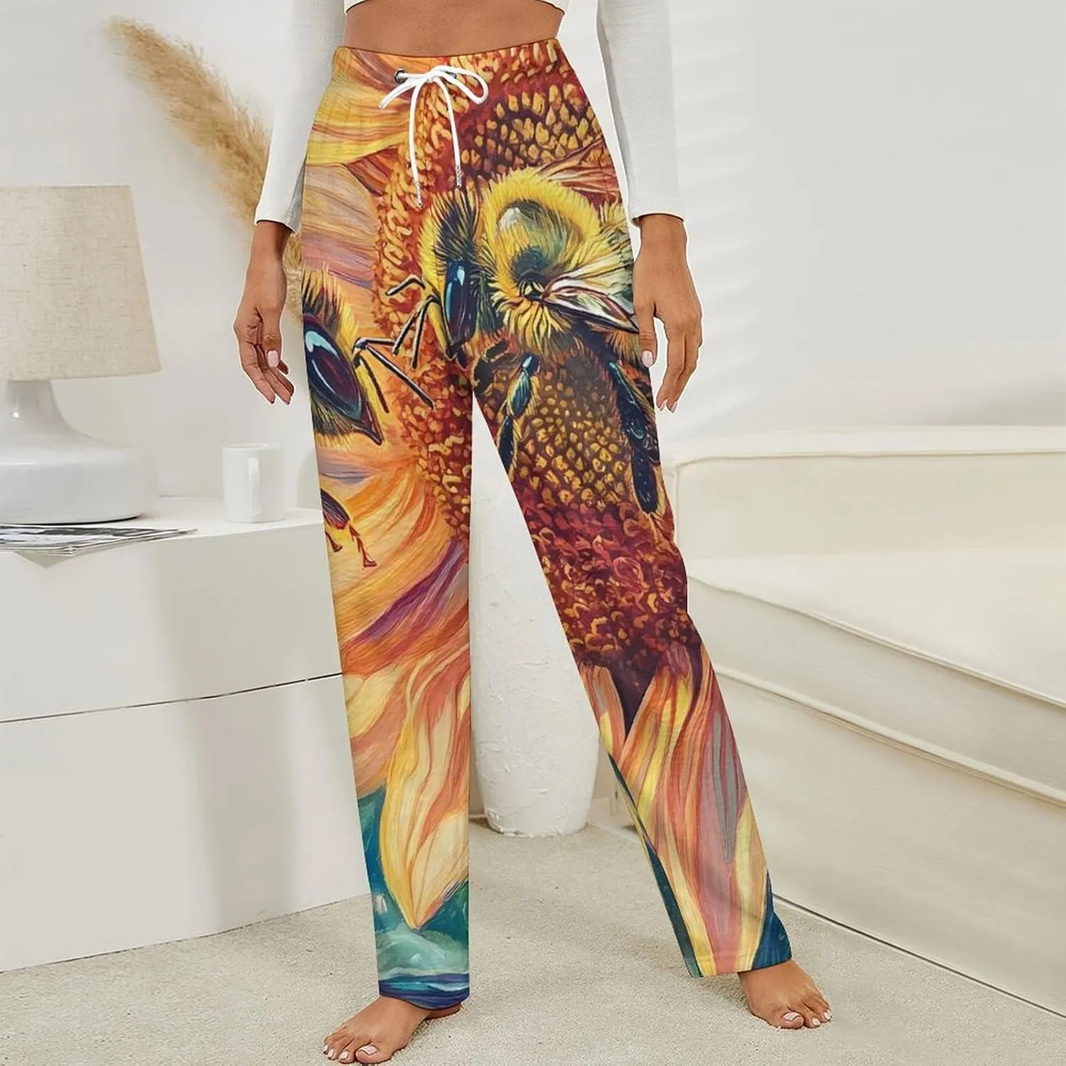 Bees Sunflowers Women's Pajama Pants Fleece Warm Pj Bottoms Sleepwear Lounge Pants Loungewear