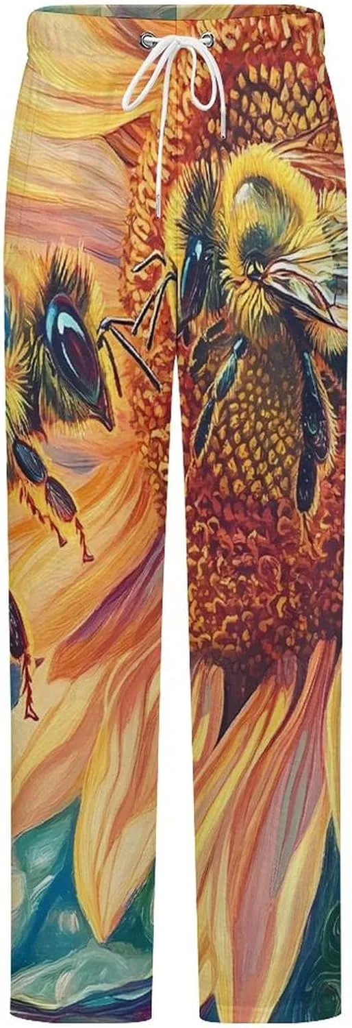 Bees Sunflowers Women's Pajama Pants Fleece Warm Pj Bottoms Sleepwear Lounge Pants Loungewear