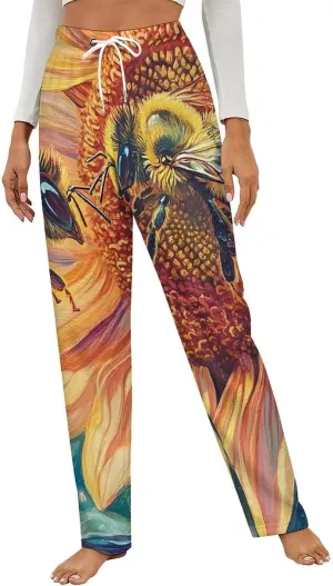 Bees Sunflowers Women's Pajama Pants Fleece Warm Pj Bottoms Sleepwear Lounge Pants Loungewear