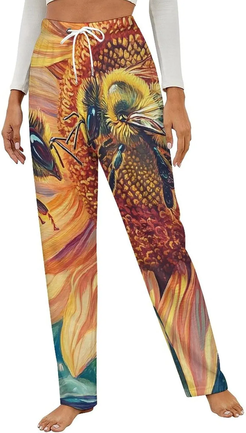 Bees Sunflowers Women's Pajama Pants Fleece Warm Pj Bottoms Sleepwear Lounge Pants Loungewear