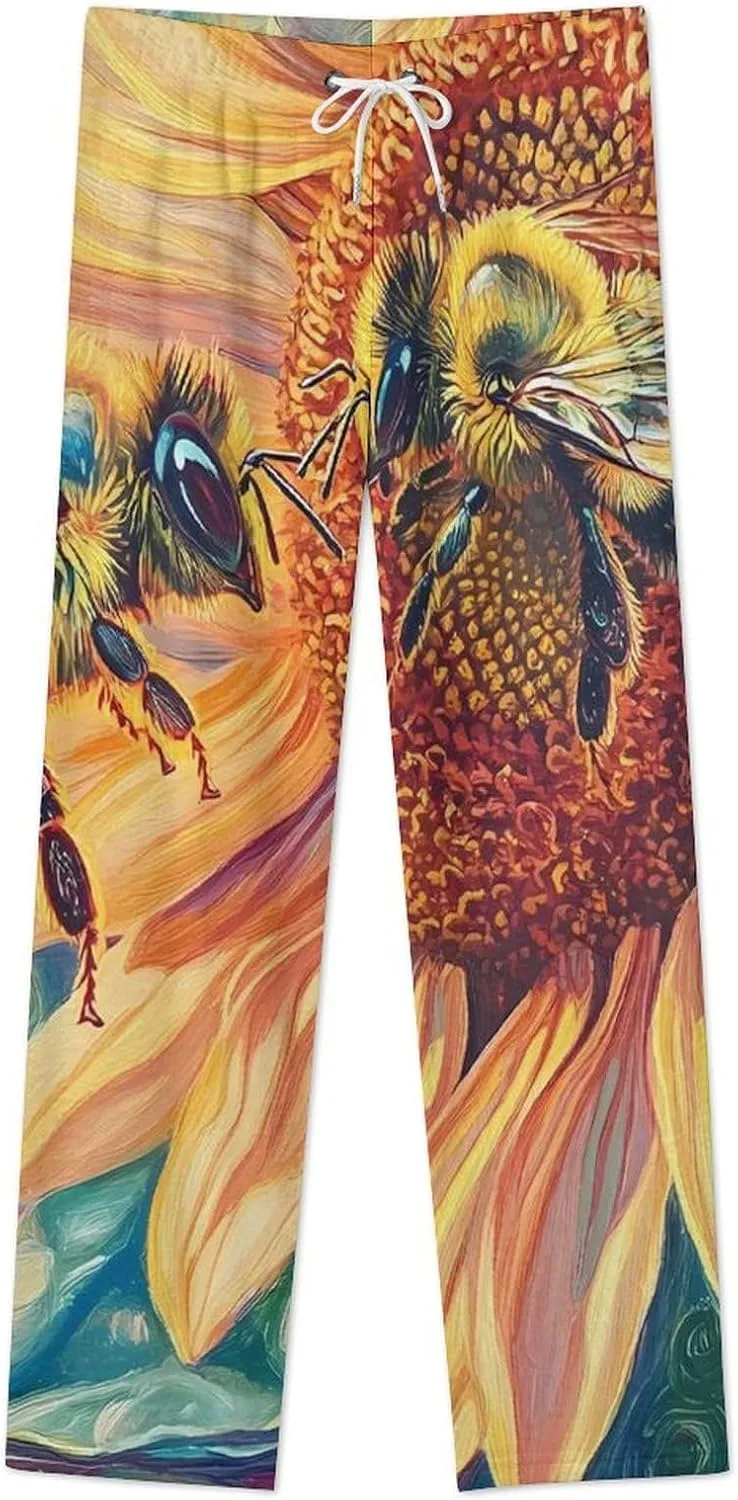 Bees Sunflowers Women's Pajama Pants Fleece Warm Pj Bottoms Sleepwear Lounge Pants Loungewear