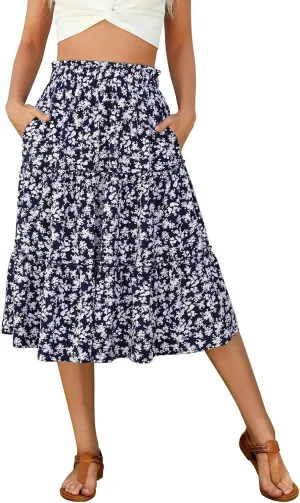 Berydress Midi Skirt for Women with Pockets 2025 High Waist A Line Casual Summer Boho Flowy Tiered Ruffle Beach Skirts