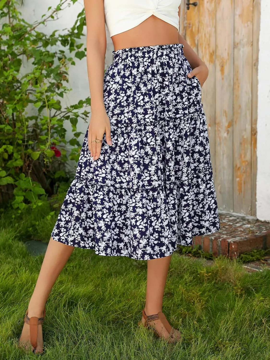 Berydress Midi Skirt for Women with Pockets 2025 High Waist A Line Casual Summer Boho Flowy Tiered Ruffle Beach Skirts