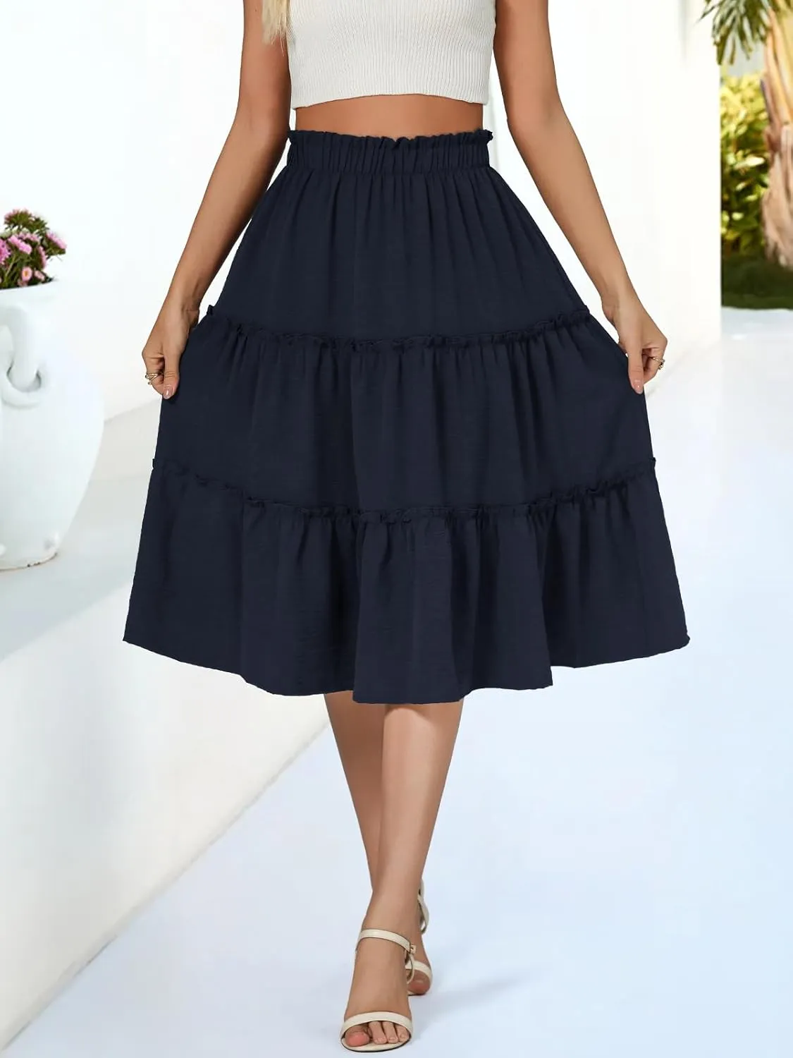 Berydress Midi Skirt for Women with Pockets 2025 High Waist A Line Casual Summer Boho Flowy Tiered Ruffle Beach Skirts