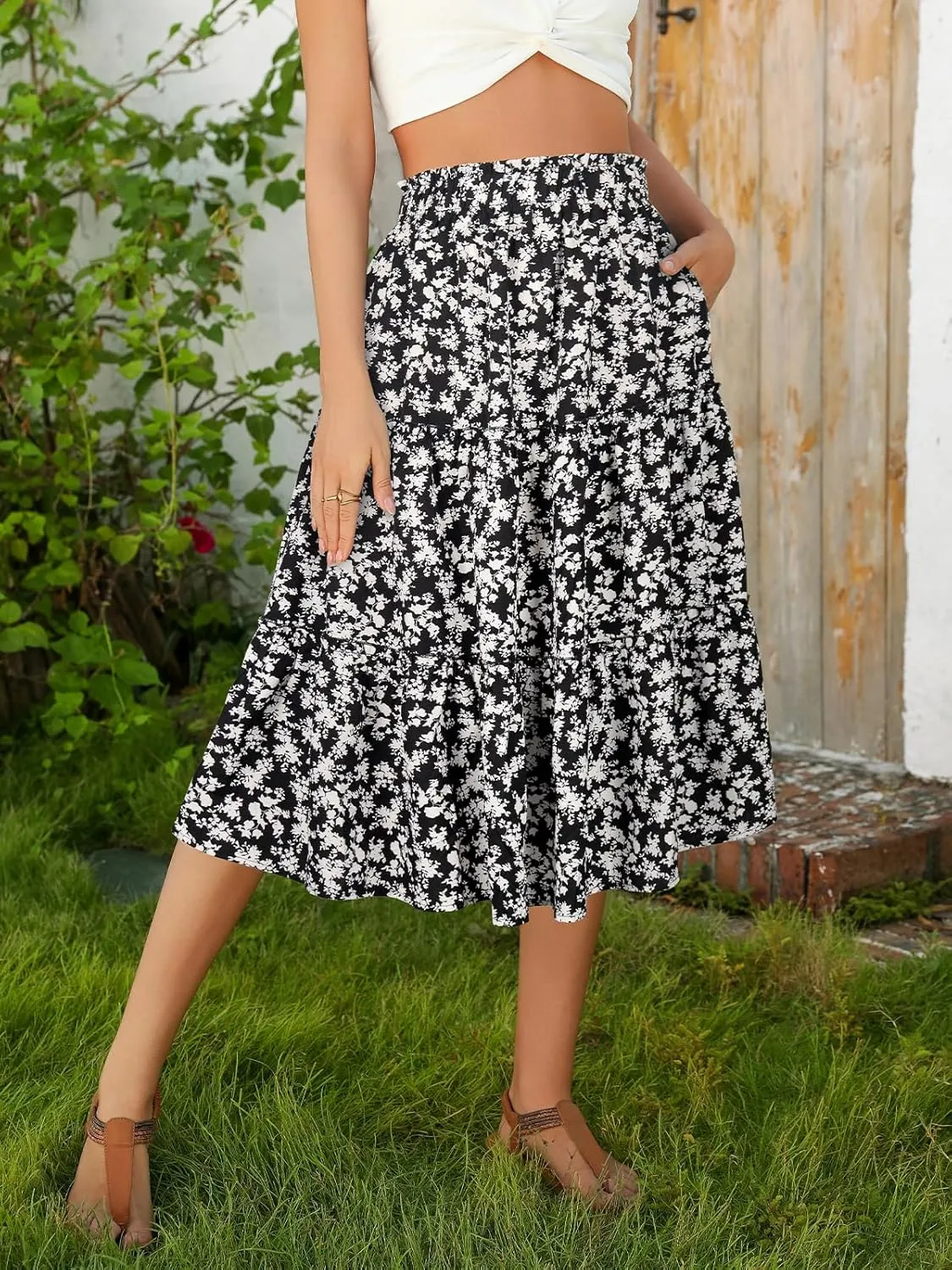 Berydress Midi Skirt for Women with Pockets 2025 High Waist A Line Casual Summer Boho Flowy Tiered Ruffle Beach Skirts