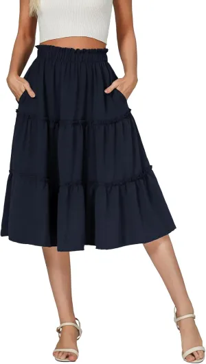 Berydress Midi Skirt for Women with Pockets 2025 High Waist A Line Casual Summer Boho Flowy Tiered Ruffle Beach Skirts