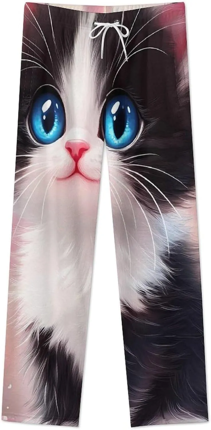 Black And White Cat Women's Pajama Pants Fleece Warm Pj Bottoms Sleepwear Lounge Pants Loungewear
