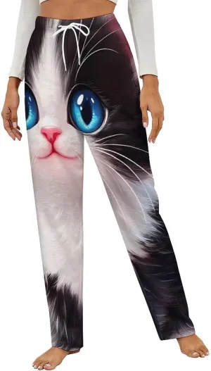 Black And White Cat Women's Pajama Pants Fleece Warm Pj Bottoms Sleepwear Lounge Pants Loungewear