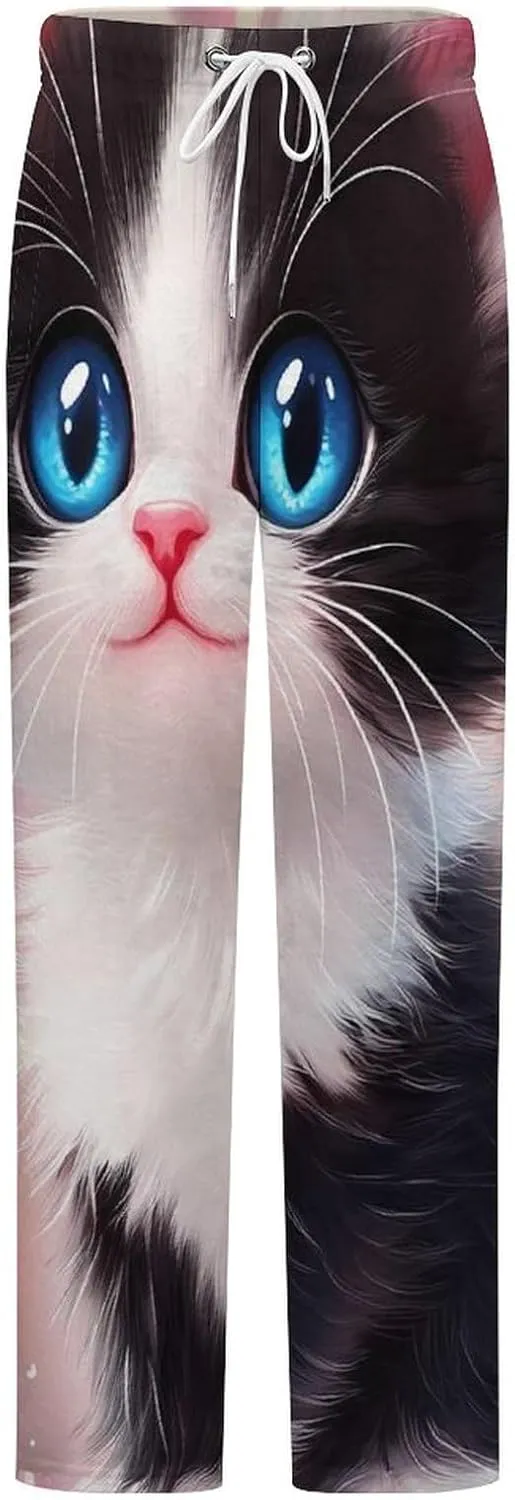 Black And White Cat Women's Pajama Pants Fleece Warm Pj Bottoms Sleepwear Lounge Pants Loungewear