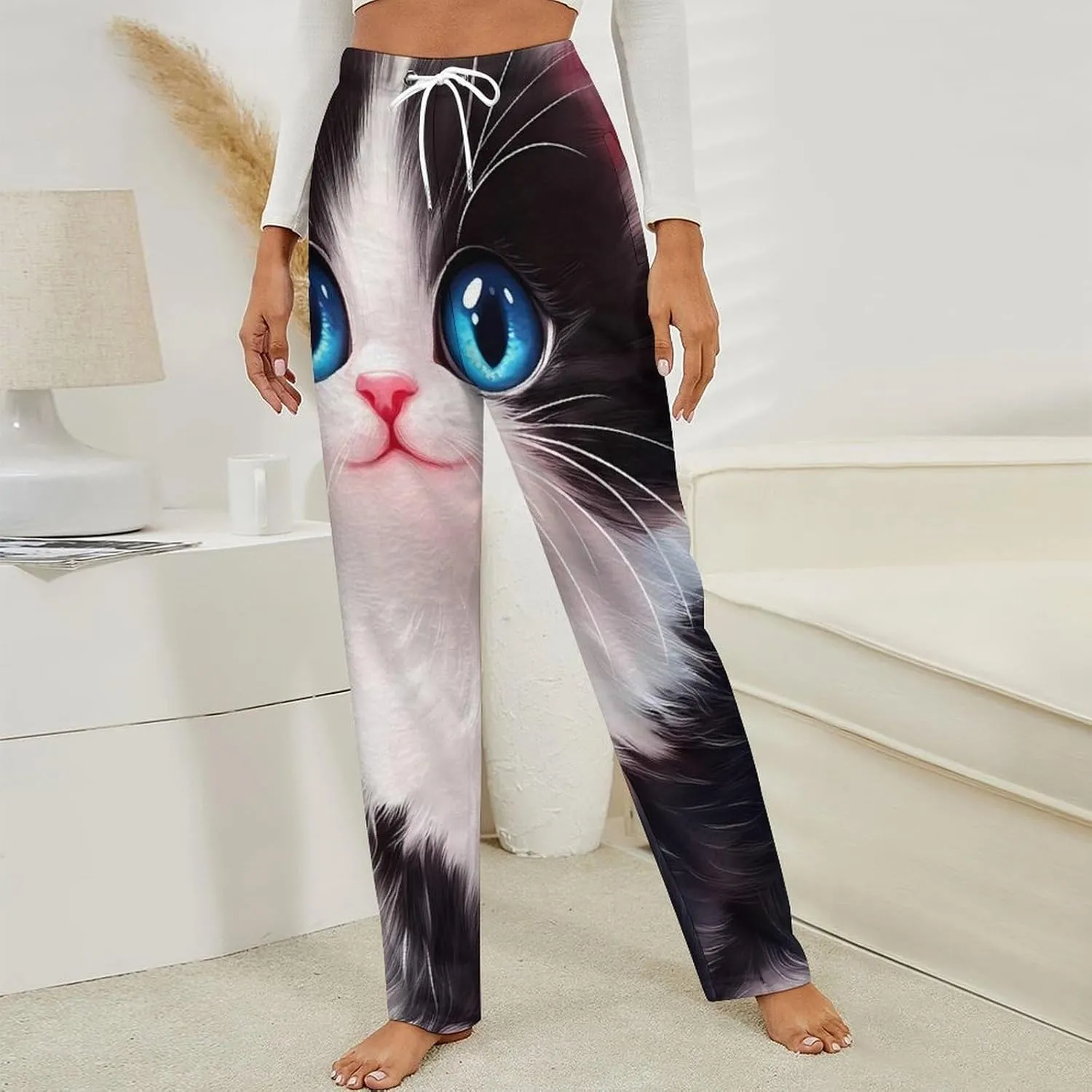 Black And White Cat Women's Pajama Pants Fleece Warm Pj Bottoms Sleepwear Lounge Pants Loungewear