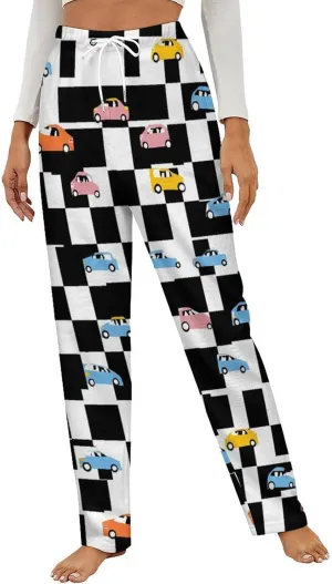 Black And White Checkered Car Women's Pajama Pants Fleece Warm Pj Bottoms Sleepwear Lounge Pants Loungewear