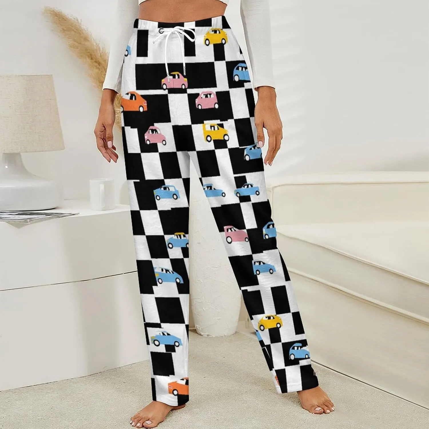 Black And White Checkered Car Women's Pajama Pants Fleece Warm Pj Bottoms Sleepwear Lounge Pants Loungewear