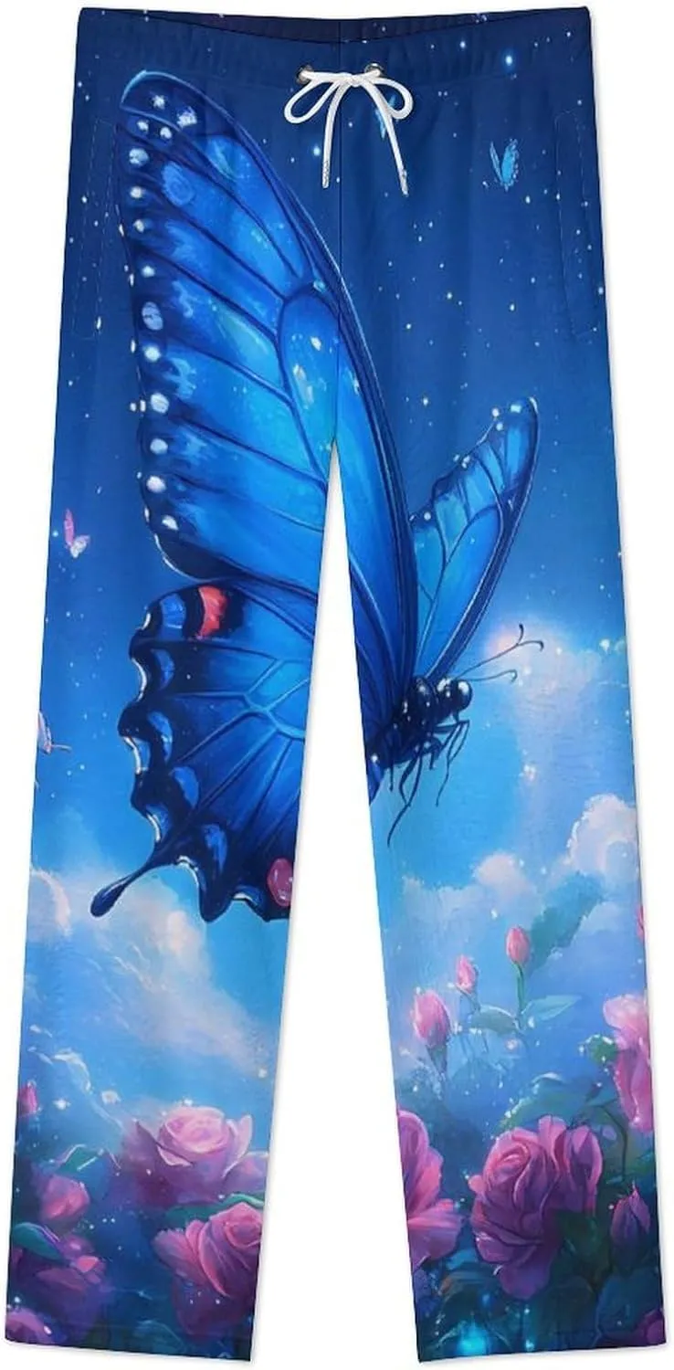 Blue Butterflies Women's Pajama Pants Fleece Warm Pj Bottoms Sleepwear Lounge Pants Loungewear